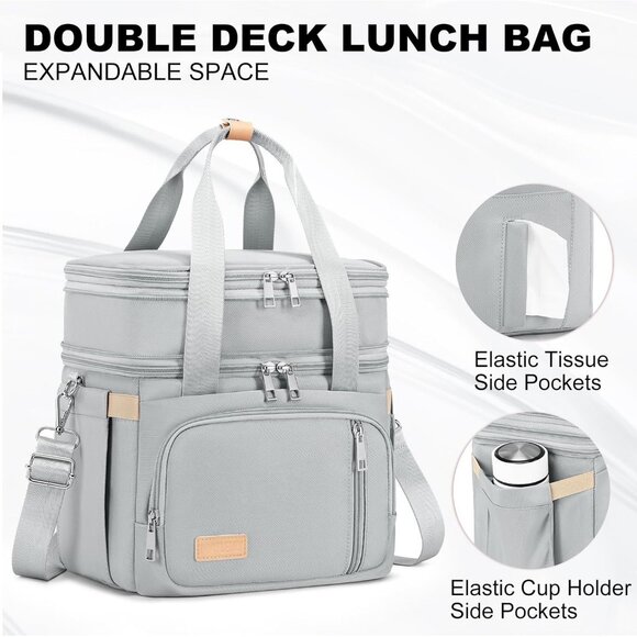 Double Deck Insulated Lunch Box for Men & Women, Leakproof Tote Cooler (Grey) - Picture 6 of 7
